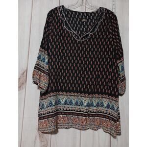 BKE Boutique Blouse Womens XL Black‎ Boho Paisley Peasant Top Rayon Long Sleeve